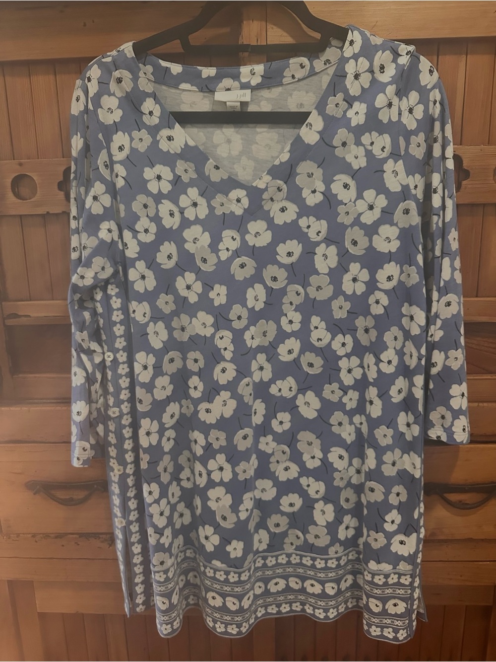 J. Jill Blue and White Floral V-Neck Tunic with 3/4 Sleeves. Size: Medium. $30.